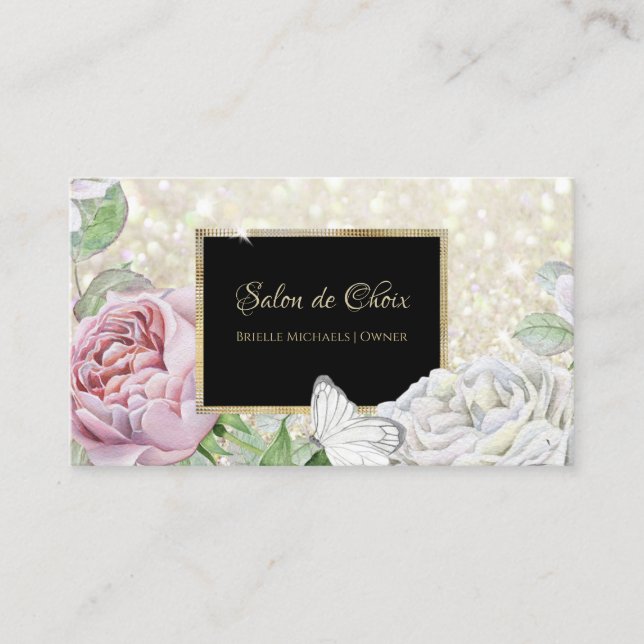 Tarjeta De Visita Purpurina de mariposa rosa rosa Black and Gold Scr (Anverso)