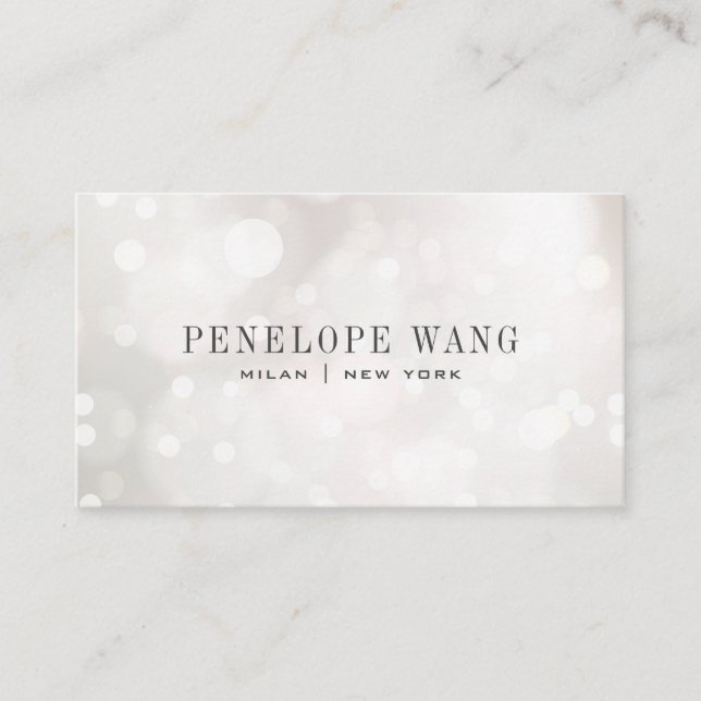 Tarjeta De Visita Purpurina de moda Whimsy Silver White Bokeh (Anverso)