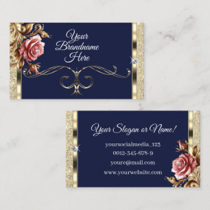Tarjeta De Visita Purpurina de oro azul oscuro de lujo Rosa de época
