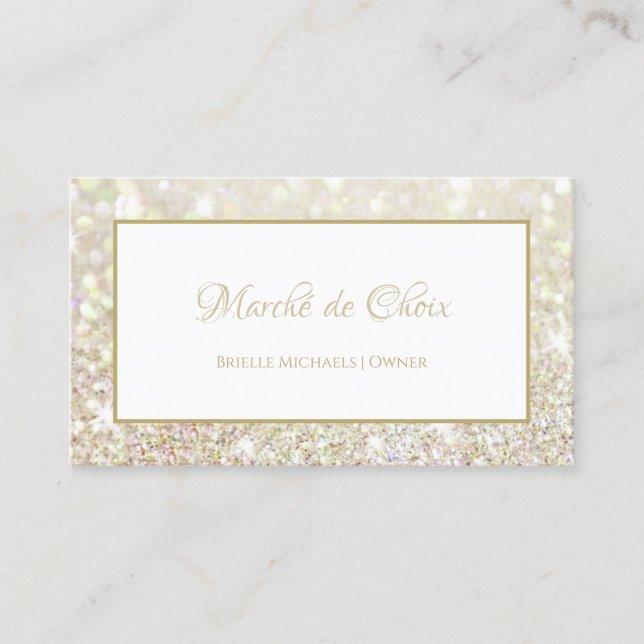 Tarjeta De Visita Purpurina de oro blanco de lujo elegante Boutique  (Anverso)