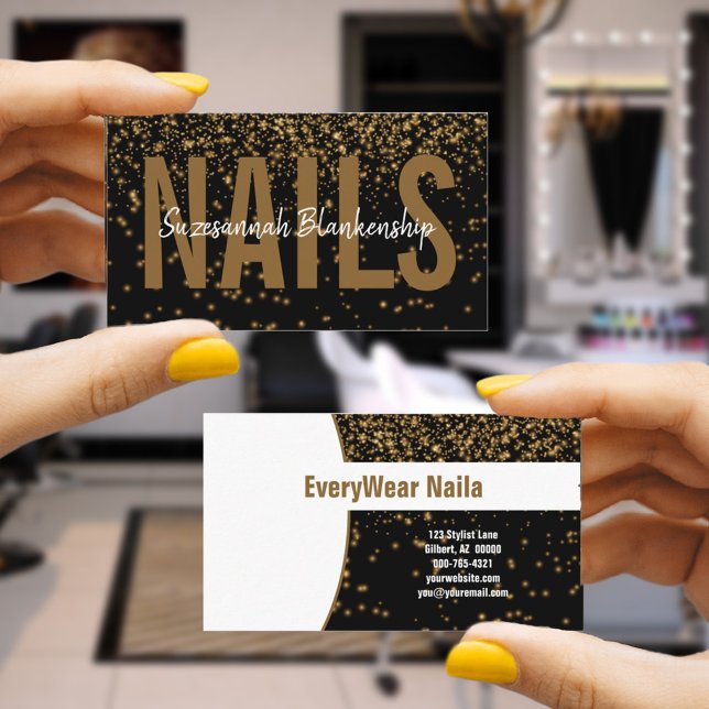 Tarjeta De Visita Purpurina De Oro Brillante En Personalizado Negro  (Simply add your business information for the front and back on this chic black and gold  card. )