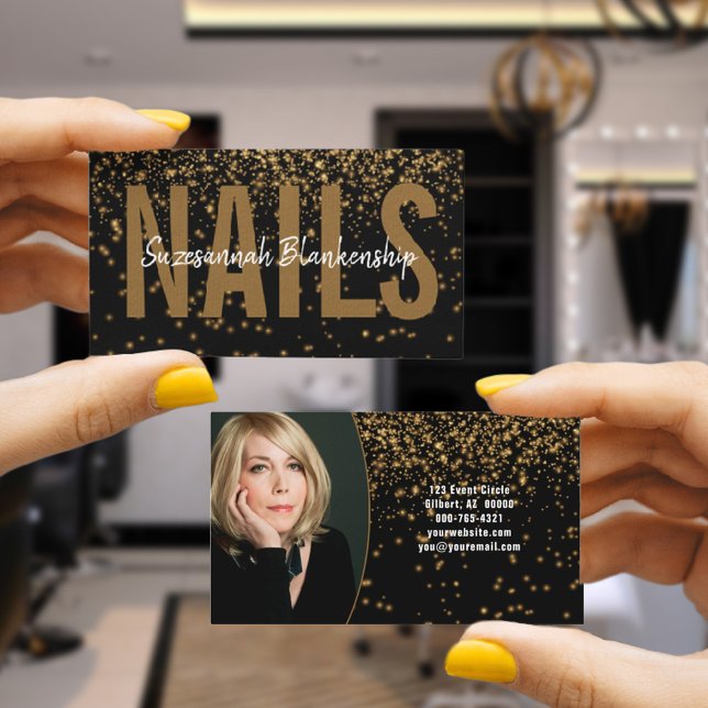 Tarjeta De Visita Purpurina de oro brillante sobre foto de Personali (This black and gold photo business card design offers double sided information for your business.)