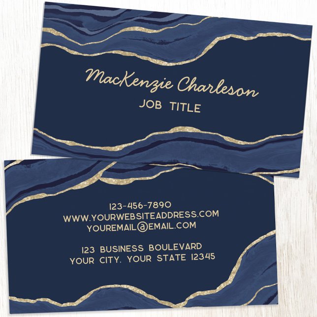 Tarjeta De Visita Purpurina de oro de la Marina Blue Marble Agate (Navy blue gold agate geode script font elegant business card)