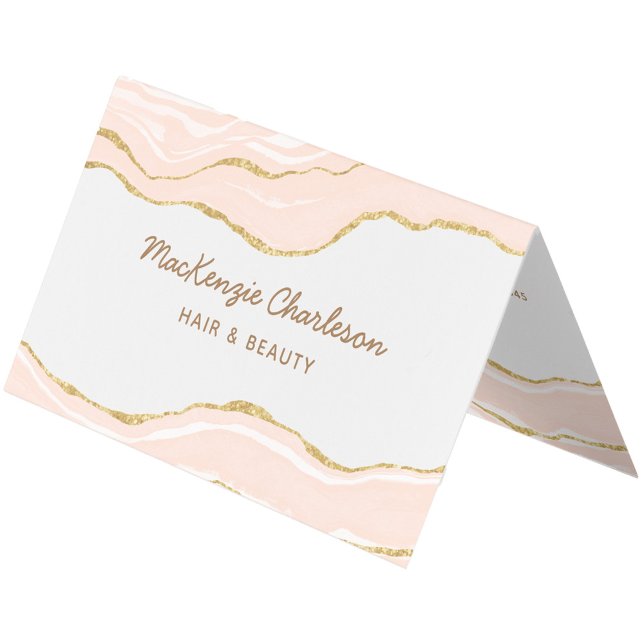 Tarjeta De Visita Purpurina de oro de Rubor Pink Marble Agate (Blush pink marble agate with faux gold glitter folded custom business card)