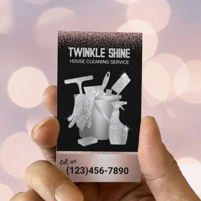 Tarjeta De Visita Purpurina de oro del servicio de limpieza doméstic (Subido por el creador)