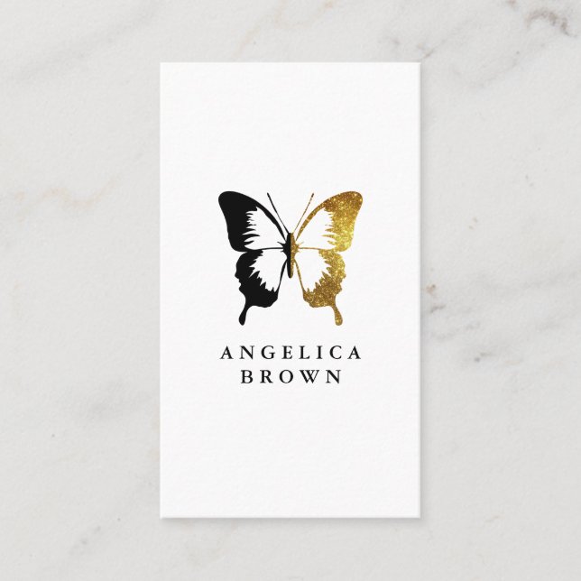 Tarjeta De Visita Purpurina de oro falso y mariposa negra (Anverso)