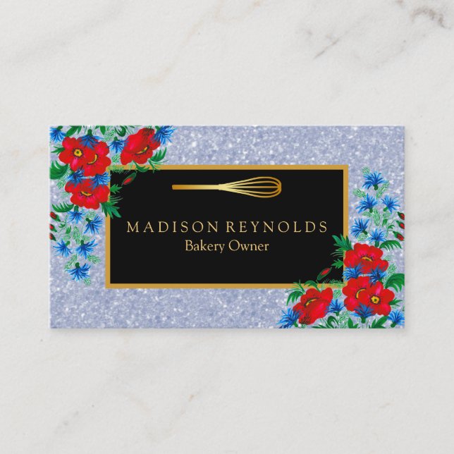 Tarjeta De Visita Purpurina de oro floral Panadería Chef Whisk Logo  (Anverso)