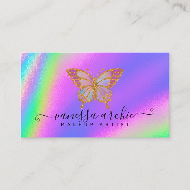 Tarjeta De Visita Purpurina de oro: mariposa holográfica arcoiris (Anverso)