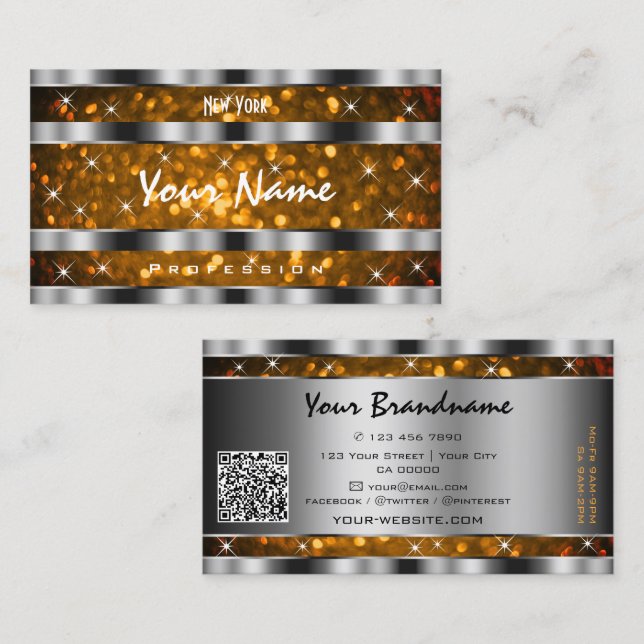 Tarjeta De Visita Purpurina de oro naranja Estrellas de espuma QR Có (Anverso / Reverso)