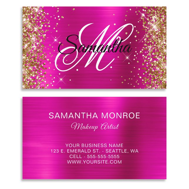 Tarjeta De Visita Purpurina de oro Relieve metalizado rosa caliente  (Gold Glitter Hot Pink Foil Fancy Monogram Business Cards)