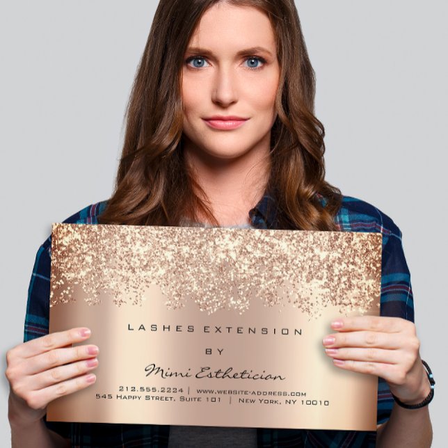 Tarjeta De Visita Purpurina de Oro Rosa de Lash de Instrucción de At (Aftercare Instruction Lash Rose Gold Glitter Elega Business Card)