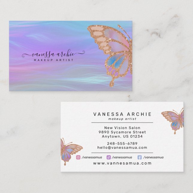 Tarjeta De Visita Purpurina de oro Rosa mariposa arcoiris irlandesce (Anverso / Reverso)
