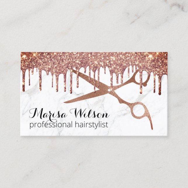 Tarjeta De Visita Purpurina de oro rosa moderno gotea peluquería de  (Anverso)