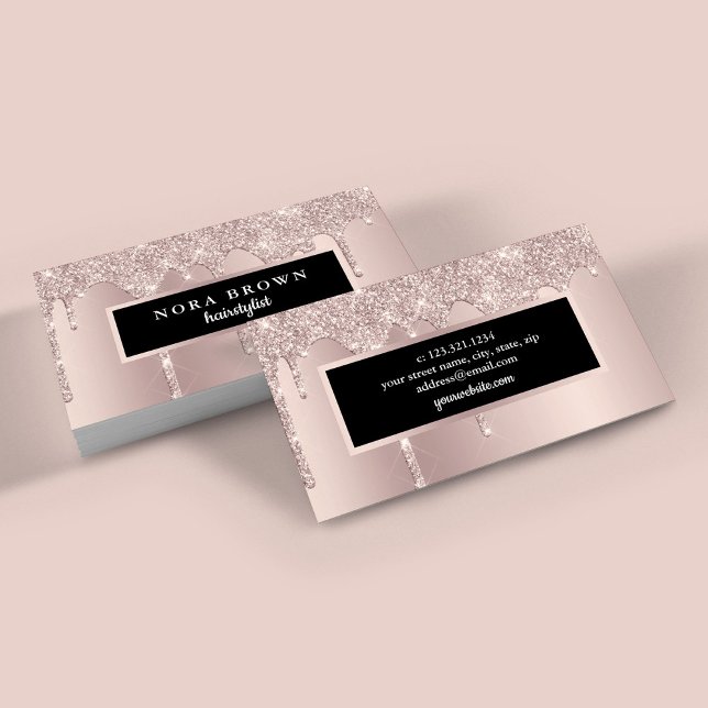 Tarjeta De Visita Purpurina de oro rosa moderno gotea peluquero (Subido por el creador)