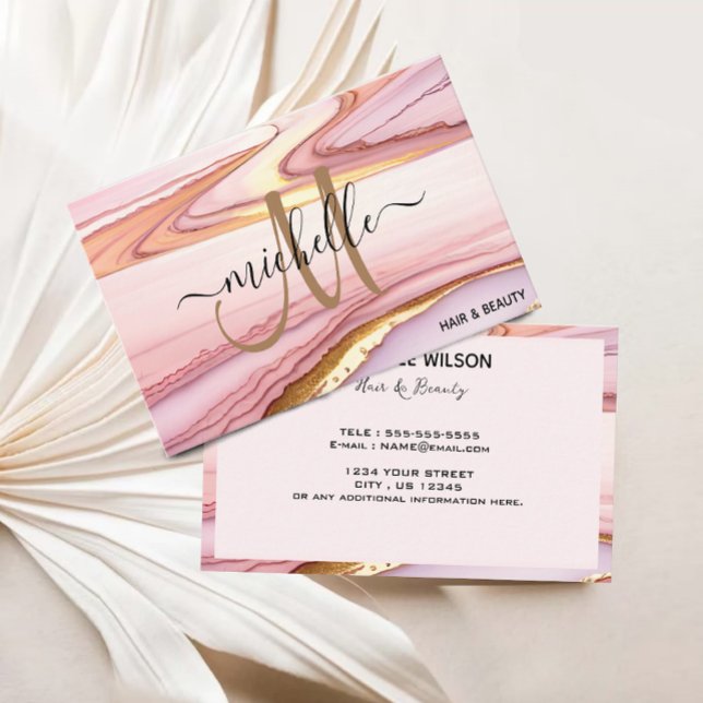 Tarjeta De Visita Purpurina de oro rosado de estilo Marble Agate Mon (Stylish Pink Gold Glitter Marble Agate Monogram Business Card)