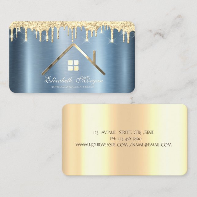 Tarjeta De Visita Purpurina de oro taladra metal azul inmobiliario (Anverso / Reverso)