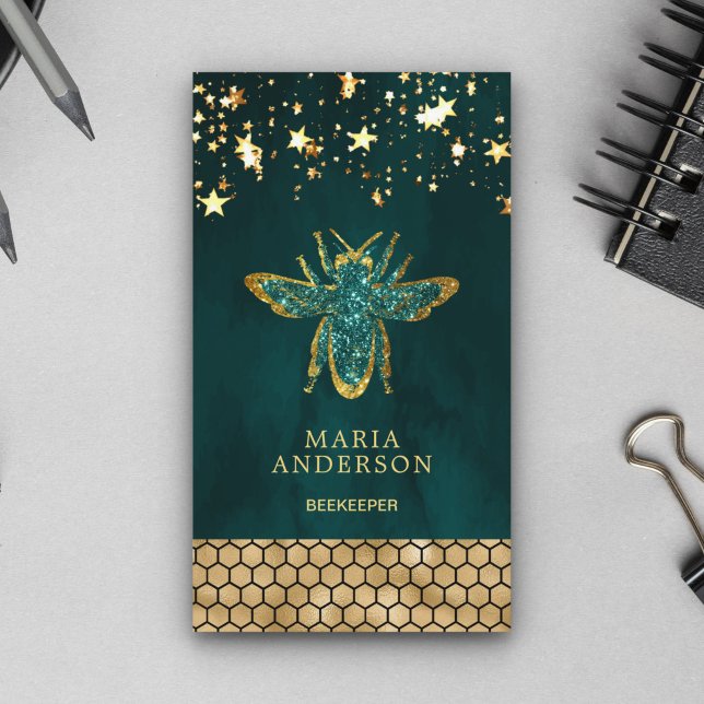 Tarjeta De Visita Purpurina de oro verde azulado Honey Bee Beekeeper (Subido por el creador)