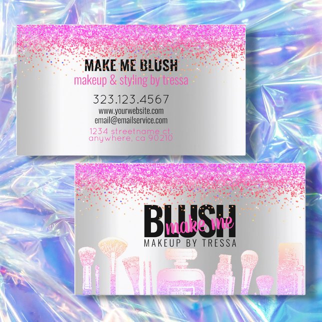Tarjeta De Visita Purpurina de plata de maquillaje + gemas de ómbre  (Subido por el creador)