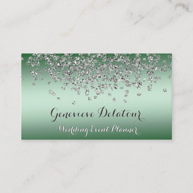 Tarjeta De Visita Purpurina de Plata Elegant Emerald Event Planner (Anverso)