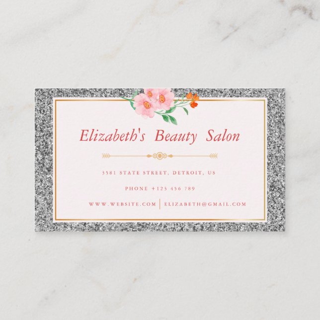 Tarjeta De Visita Purpurina de plata floral maquillaje artista Salón (Reverso)