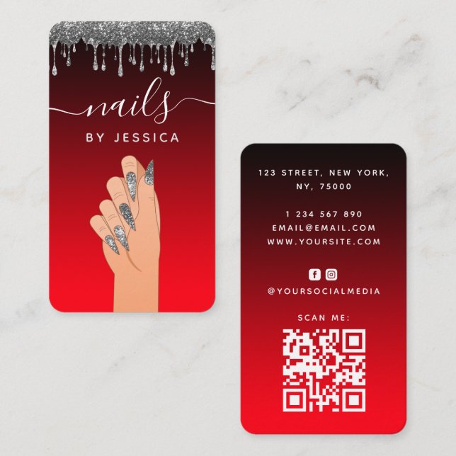 Tarjeta De Visita Purpurina de plata goteo Glam Nail Artist Código Q (Anverso / Reverso)