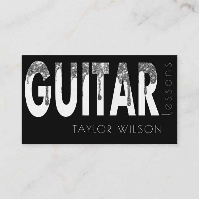 Tarjeta De Visita purpurina de plata tira a profesor de guitarra (Anverso)