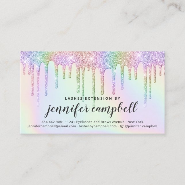 Tarjeta De Visita Purpurina de unicornio holográfico gotea postratam (Anverso)