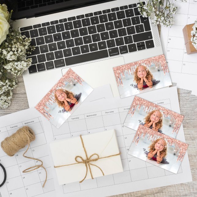 Tarjeta De Visita Purpurina del planificador de eventos de boda desl (WeddinG Event Planner Glitter Drips Rose Photo Business Card)