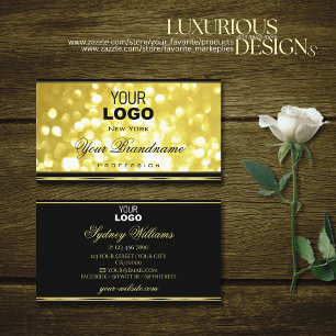 Tarjeta De Visita Purpurina dorado amarillo borde dorado negro y log