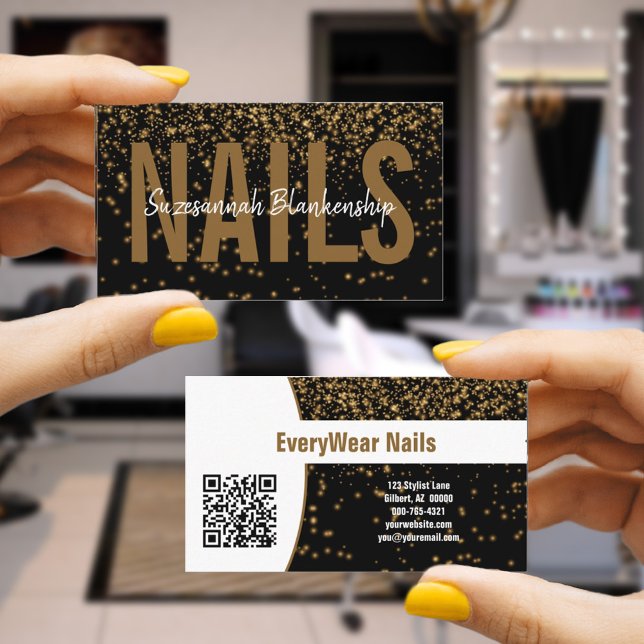 Tarjeta De Visita Purpurina dorado brillante sobre código QR de Pers (This black, gold and white business card design offers a place for a QR code to a significant link.)