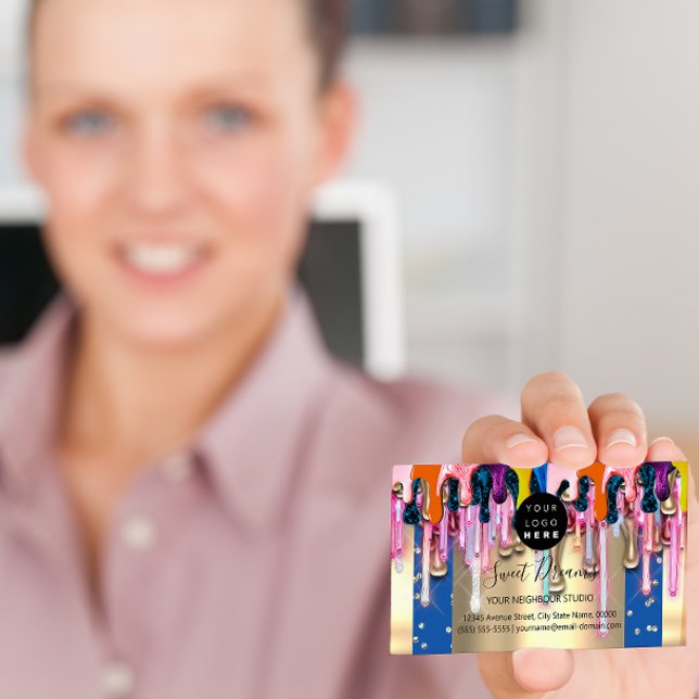 Tarjeta De Visita Purpurina dorado Confetti Holograph Drips Frame (Subido por el creador)