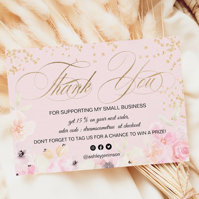 Tarjeta De Visita Purpurina dorado floral pastel guión logo (Subido por el creador)