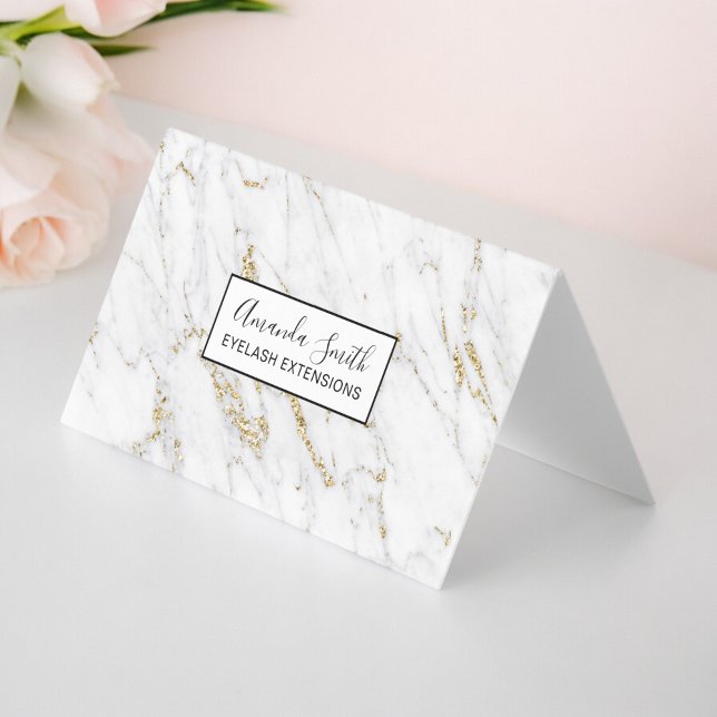 Tarjeta De Visita purpurina dorado moda mármol blanco elegante patró (Chic gold glitter white marble elegant pattern business card)