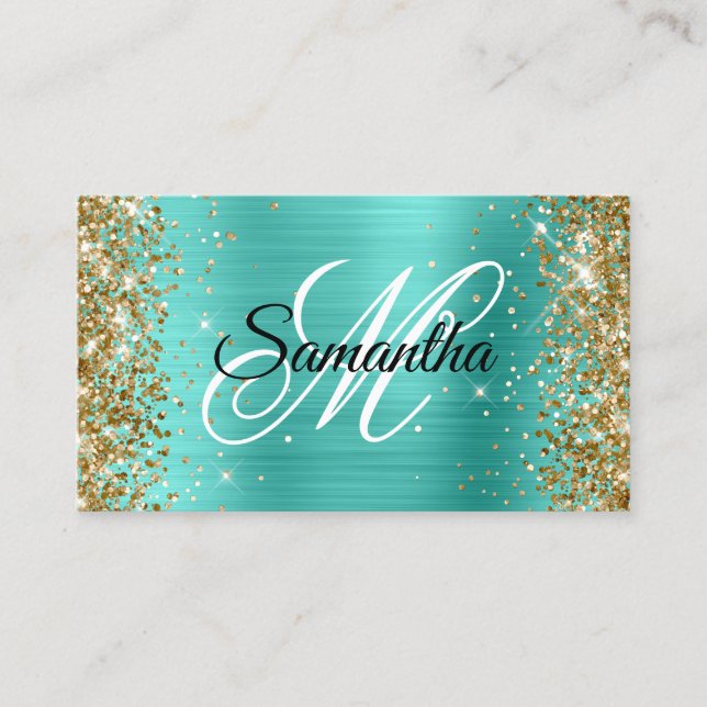 Tarjeta De Visita Purpurina dorado Relieve metalizado turquesa Fancy (Anverso)