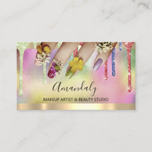 Tarjeta De Visita Purpurina Drip Holograph Nail Manicure Florals