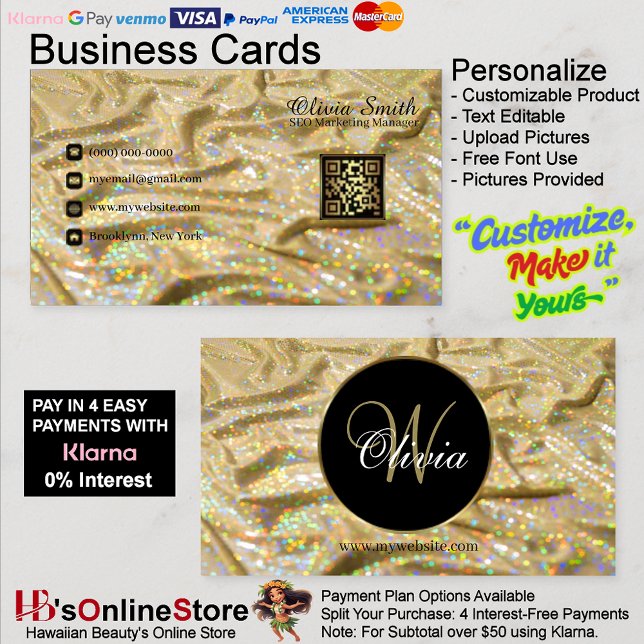 Tarjeta De Visita Purpurina elegante de moda Monograma Girly Gold Sa (Elegant Trendy Monogram Girly Gold Satin Glitter Business Card 26.)