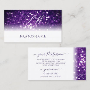 Tarjeta De Visita Purpurina espumoso morado blanco elegante Monogram