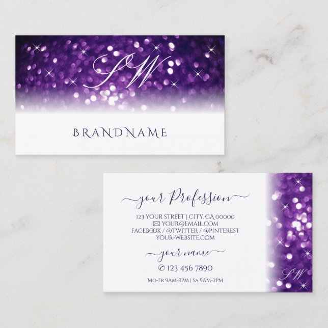 Tarjeta De Visita Purpurina espumoso morado blanco elegante Monogram (Anverso / Reverso)