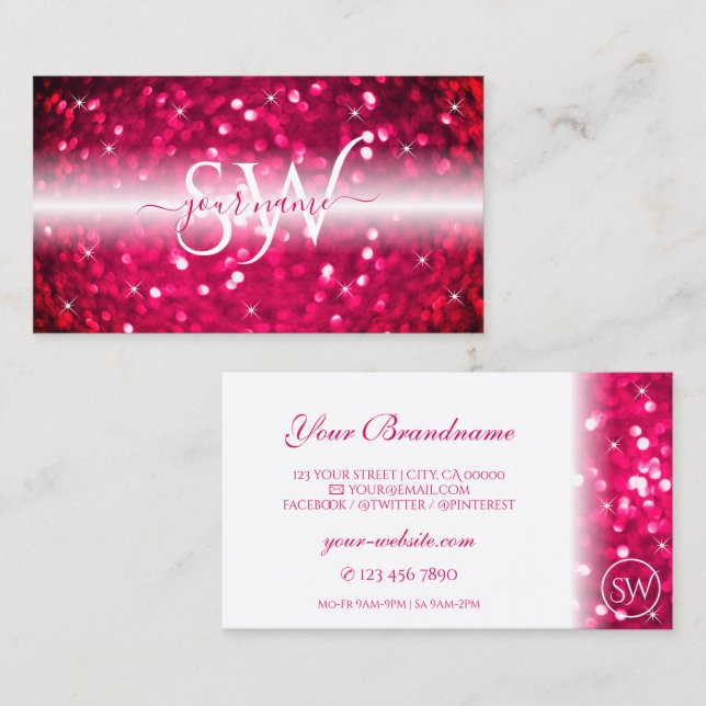 Tarjeta De Visita Purpurina espumoso rosa blanco elegante Moda monog (Anverso / Reverso)