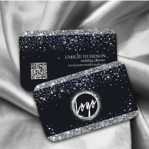 Tarjeta De Visita Purpurina falso plateado y código QR elegante negr
