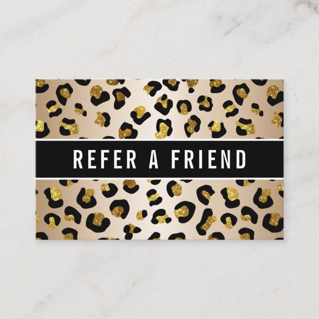 Tarjeta De Visita Purpurina faux gold luxe leopard Referral Customer (Anverso)