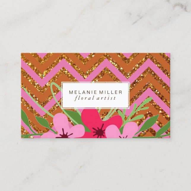 Tarjeta de visita - purpurina floral Chevron (Anverso)