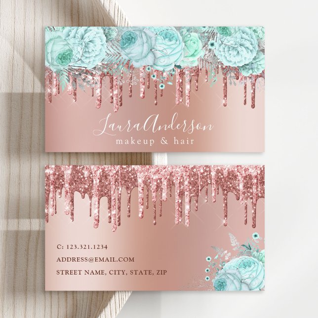 Tarjeta De Visita Purpurina floral de menta elegante gotea maquillaj (Subido por el creador)