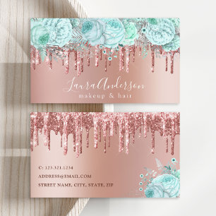Tarjeta De Visita Purpurina floral de menta elegante gotea maquillaj