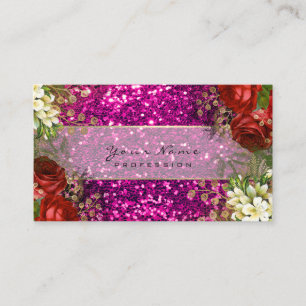 Tarjeta De Visita Purpurina floral del rosa de rosas rojos del