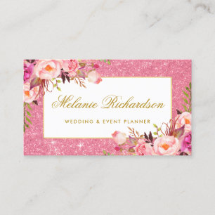 Tarjeta De Visita Purpurina floral del rosa elegante de la acuarela