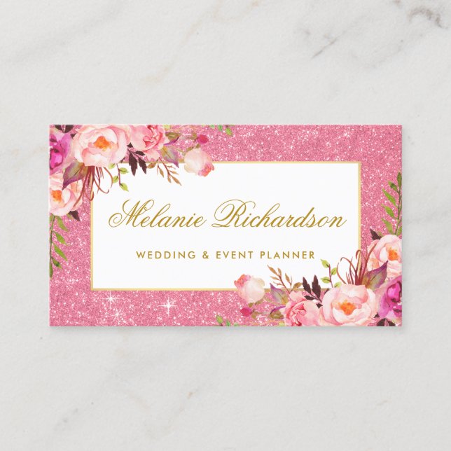 Tarjeta De Visita Purpurina floral del rosa elegante de la acuarela (Anverso)