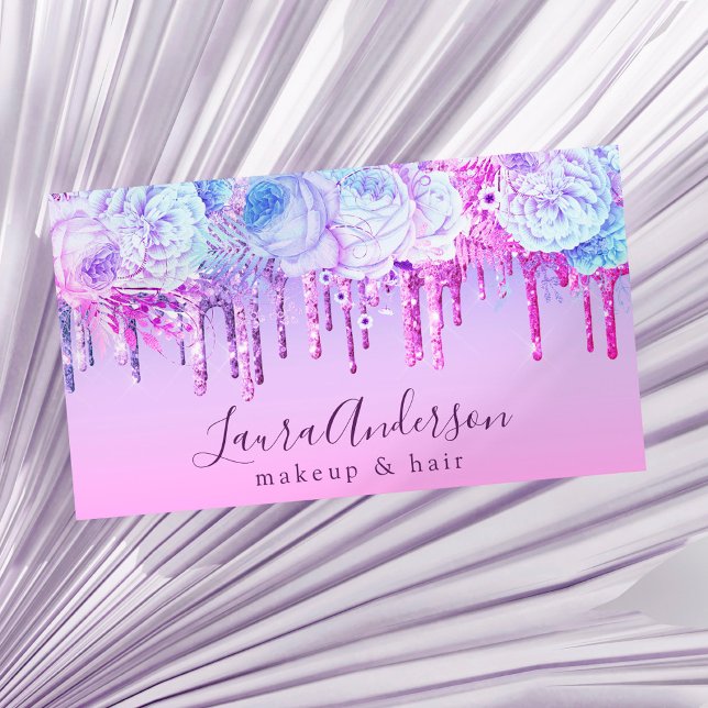 Tarjeta De Visita Purpurina floral morado de diseño gotea maquillaje (Subido por el creador)