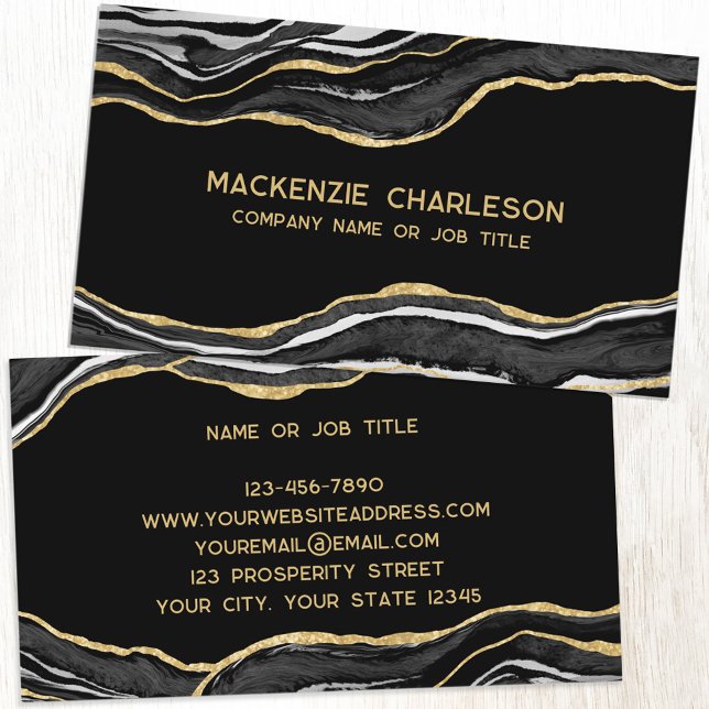 Tarjeta De Visita Purpurina Geode Gold de Black Marble Agate (Black agate geode marble gold glitter effect business cards)