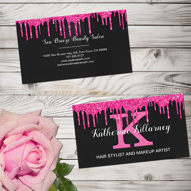 Tarjeta De Visita Purpurina Girly Black Hot Pink Driss Moda Monogram (Subido por el creador)